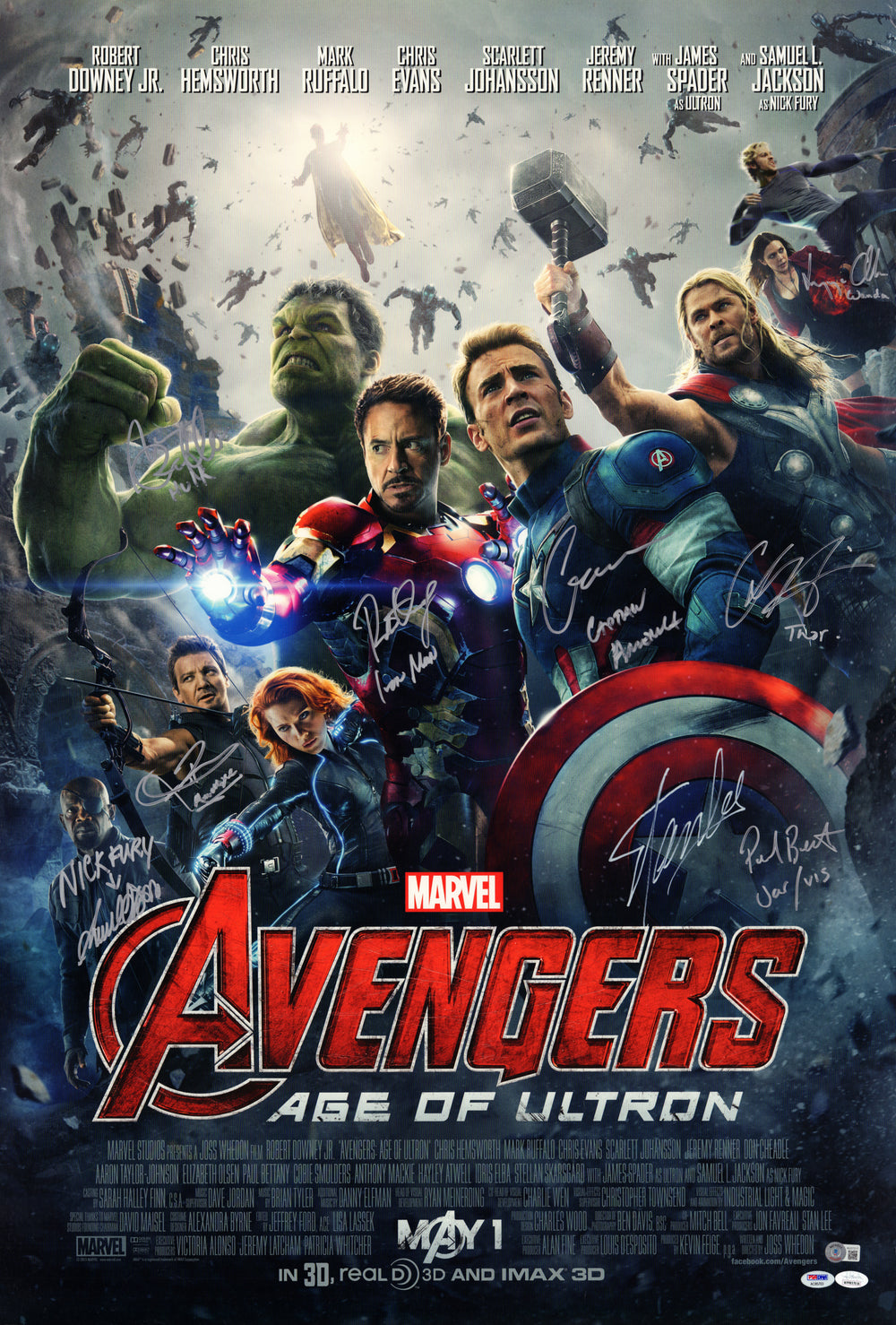 Avengers: Age of Ultron 27x40 Poster Signed by Robert Downey Jr., Chris Evans, Mark Ruffalo, Chris Hemsworth, Jeremy Renner, Paul Bettany, Elizabeth Olsen, Samuel L. Jackson & Stan Lee with Character Names
