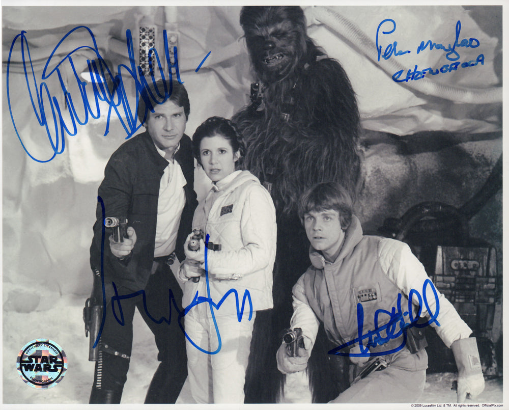 Harrison Ford, Carrie Fisher, Mark Hamill, & Peter Mayhew in Star Wars: The Empire Strikes Back (Official Pix / K9) Signed 8x10 Photo