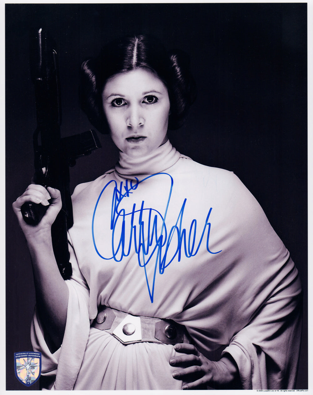 Carrie Fisher as Princess Leia in Star Wars: A New Hope (Official Pix Lightsaber Shield) Signed 11x14 Metallic Photo