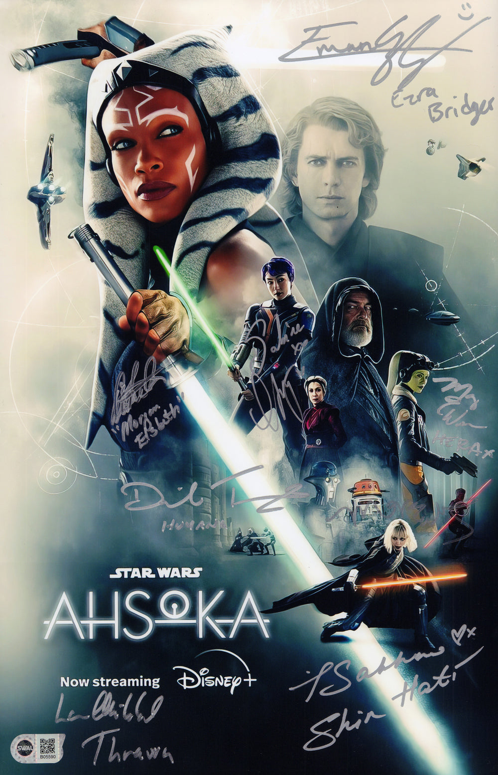 Star Wars: Ahsoka (SWAU) 11x17 Mini Poster Cast Signed by Natasha Liu Bordizzo, Mary Elizabeth Winstead, Ivanna Sakhno, Diana Lee Inosanto, Eman Esfandi, Lars Mikkelsen, & David Tennant with Character Names