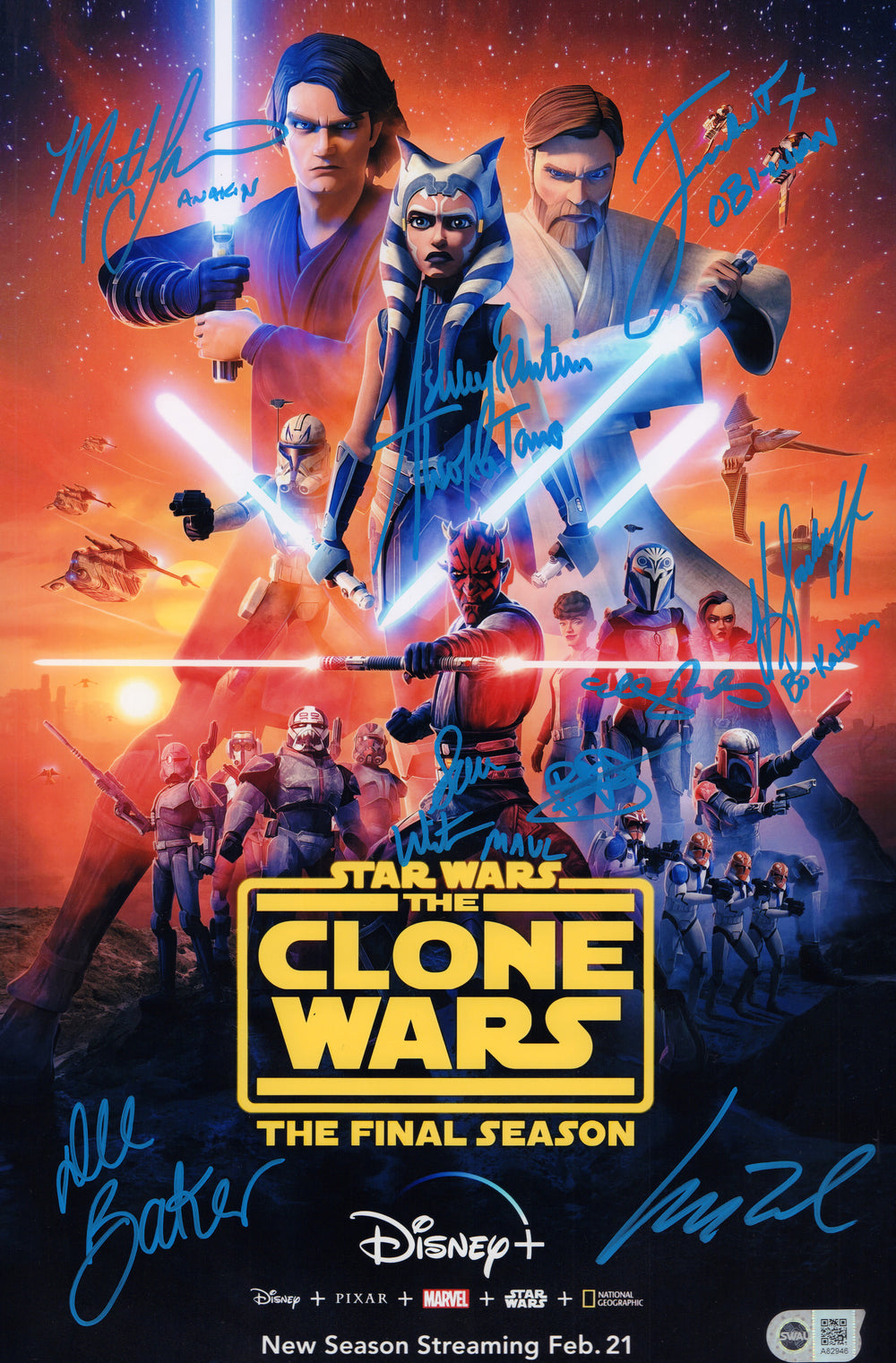 Star Wars: The Clone Wars (SWAU) 11x17 Mini Poster Cast Signed by Ashley Eckstein, James Arnold Taylor, Matt Lanter, Katee Sackhoff, Brigitte Kali, Dee Baker, Elizabeth Rodriguez, Matt Wood, & Sam Witwer with Character Names