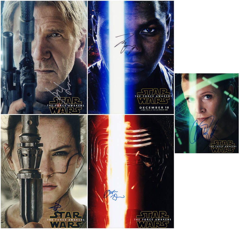 Star Wars: The Force Awakens 8x10 & 11x14 Photos 5pc LOT Signed by Harrison Ford, Carrie Fisher, Adam Driver, Daisy Ridley, & John Boyega