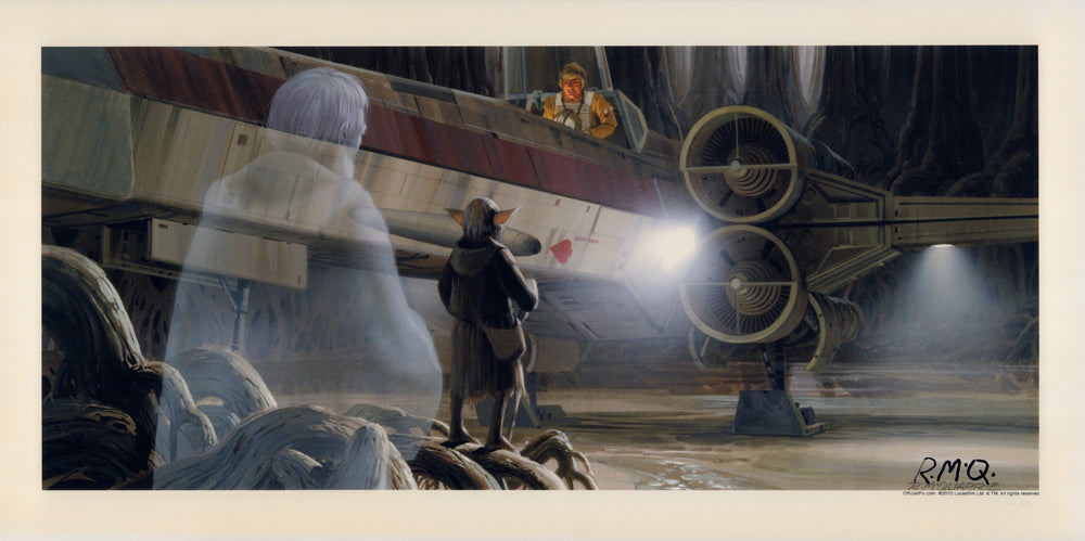 Star Wars: The Empire Strikes Back Obi-Wan & Yoda try to talk Luke out of facing Darth Vader 10x20 Metallic Photo Signed by Concept Artist Ralph McQuarrie