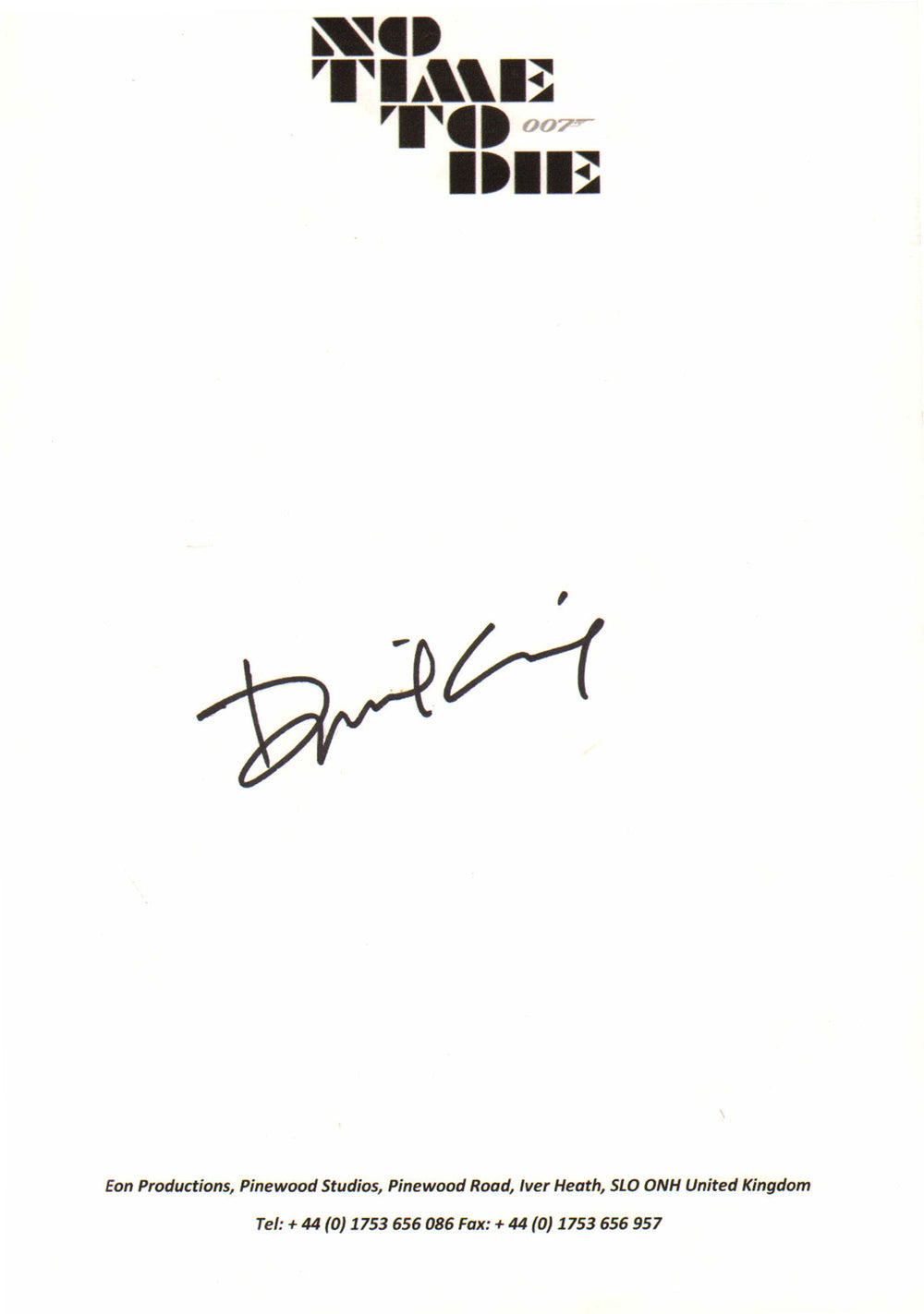 Daniel Craig as James Bond in James Bond 007: No Time To Die Signed 8x11.5 Eon Productions Letter Stationary