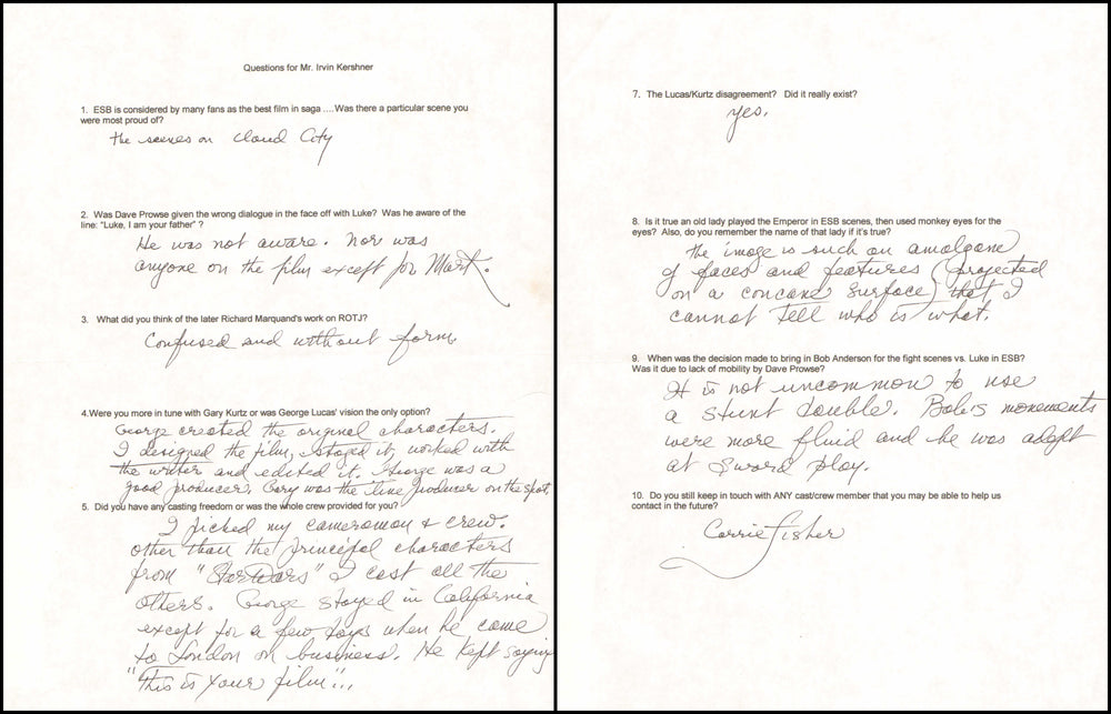 Irvin Kershner Director of Star Wars: The Empire Strikes Back Handwritten Q&A Pages
