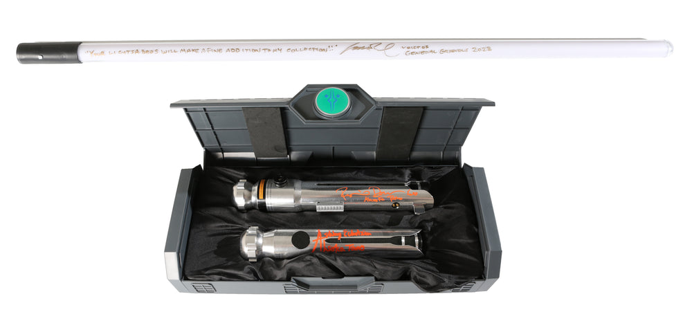 Ahsoka Tano from Star Wars: Rebels & the Mandalorian Disney Galaxy's Edge Prop Replica Legacy Lightsaber Signed by Ashley Eckstein & Rosario Dawson with Lightsaber Blade Signed by Matthew Wood with Character Names & Quote SET