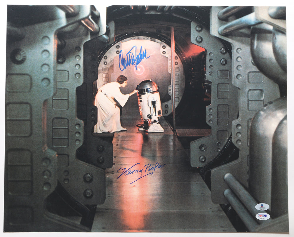 Carrie Fisher as Princess Leia with Kenny Baker as R2-D2 in Star Wars: A New Hope Signed 16x20 Photo