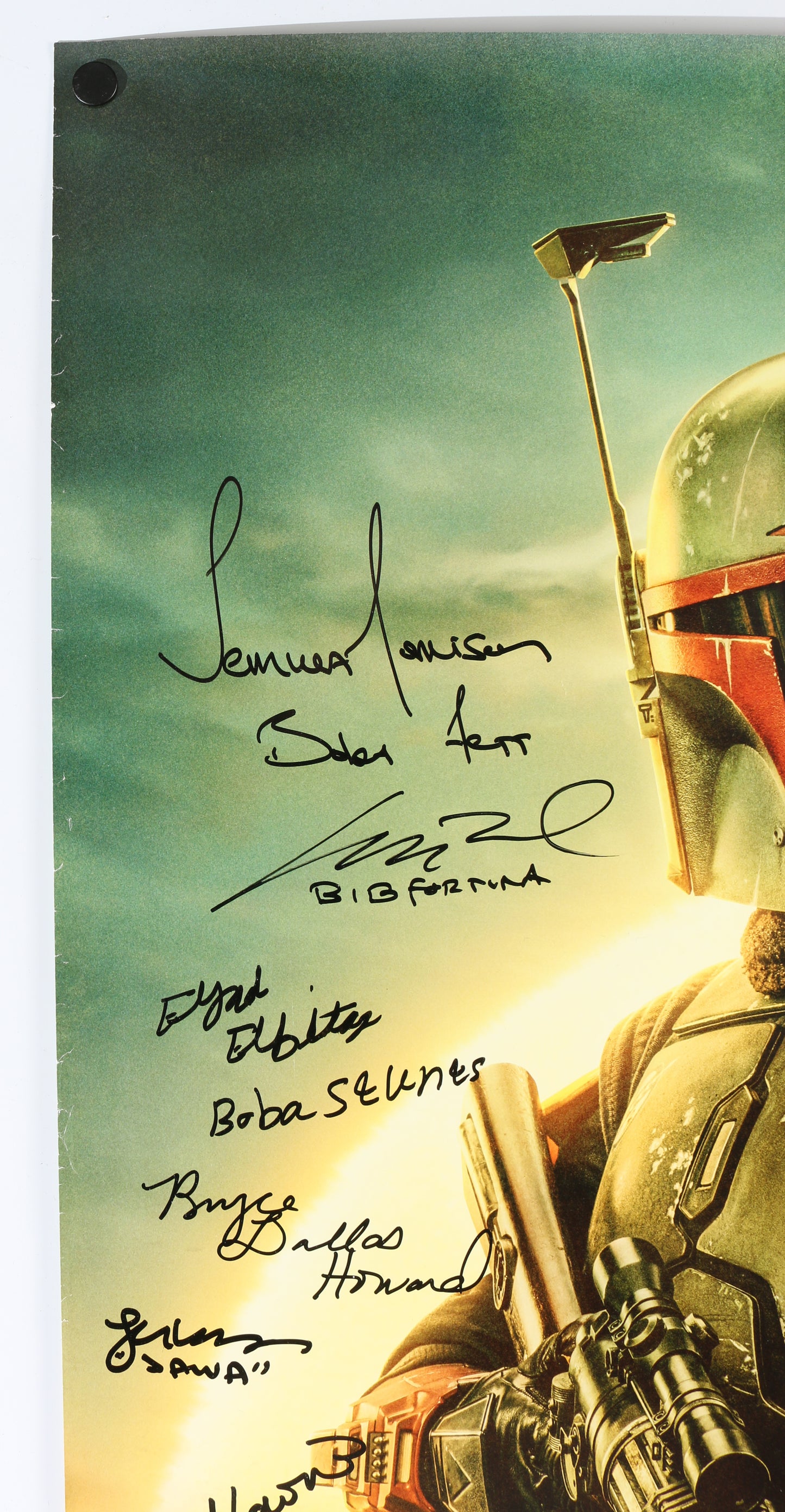 
                  
                    The Book of Boba Fett 27x40 Poster Cast Signed by Temuera Morrison, Matthew Wood, Bryce Dallas Howard, Brendan Wayne, Ming Na Wen, Carey Jones, Corey Burton, Tait Fletcher, Rosario Dawson, Lateef Crowder, & More
                  
                