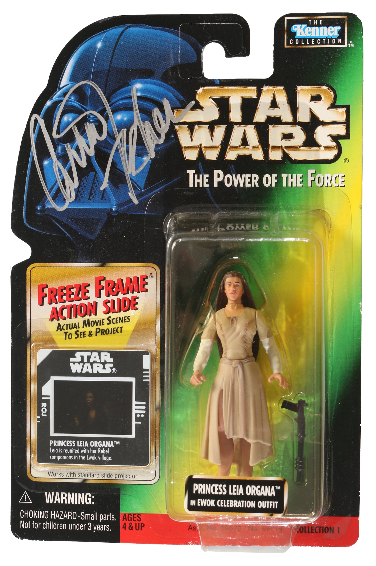 
                  
                    Carrie Fisher as Princess Leia in Ewok Celebration Outfit in Star Wars: Return of the Jedi POTF Power of the Force Kenner Hasbro 1998 Signed Action Figure
                  
                