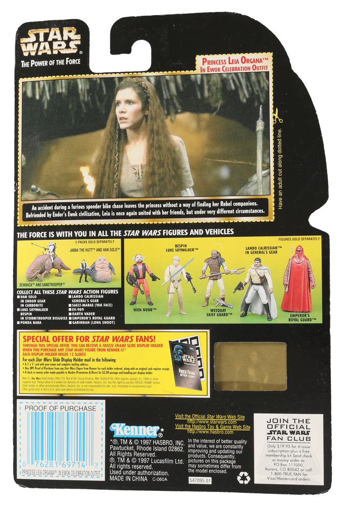 
                  
                    Carrie Fisher as Princess Leia in Ewok Celebration Outfit in Star Wars: Return of the Jedi POTF Power of the Force Kenner Hasbro 1998 Signed Action Figure
                  
                
