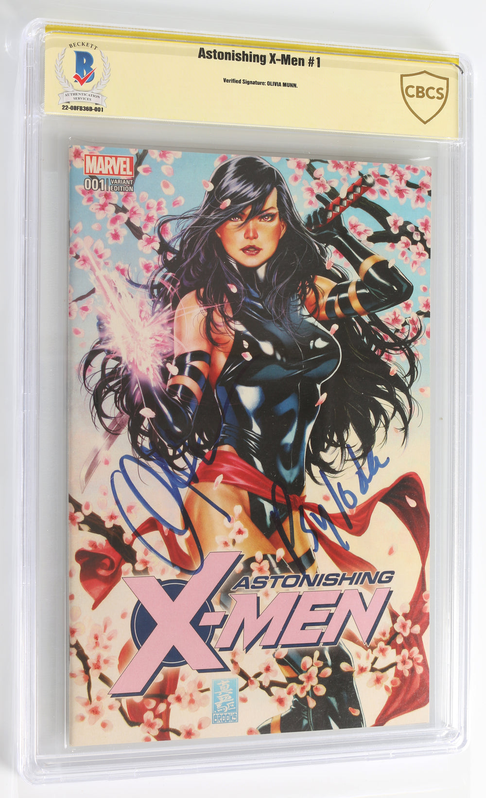 Astonishing X-Men #1 Mark Brooks Variant Cover - Signed by Olivia Munn as Psylocke with Character Name (Beckett / CBCS Verified Signature) 2017