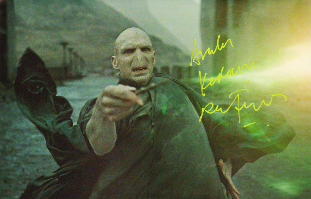 Ralph Fiennes as Lord Voldemort in Harry Potter and The Deathly Hallows Part 2 Signed 12x18 Photo with Avada Kedavra Kill Curse Quote