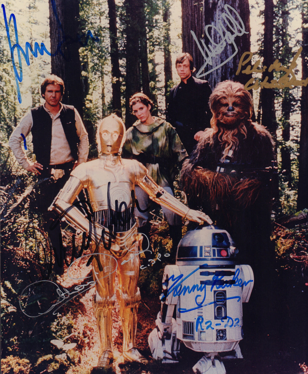 Star Wars: Return of the Jedi Main Cast Vintage Signed 8x10 Photo - Harrison Ford, Mark Hamill, Carrie Fisher, Anthony Daniels, Kenny Baker, & Peter Mayhew