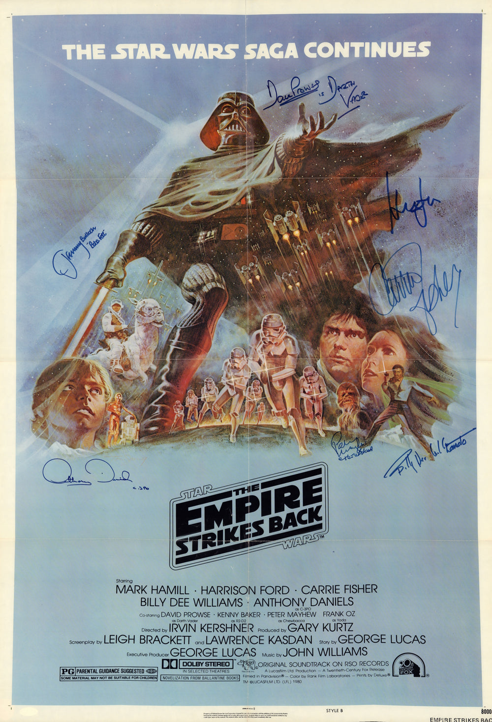 Star Wars: The Empire Strikes Back Poster Signed by Harrison Ford, Carrie Fisher, Peter Mayhew, Jeremy Bulloch, Anthony Daniels, Dave Prowse, & Billy Dee Williams