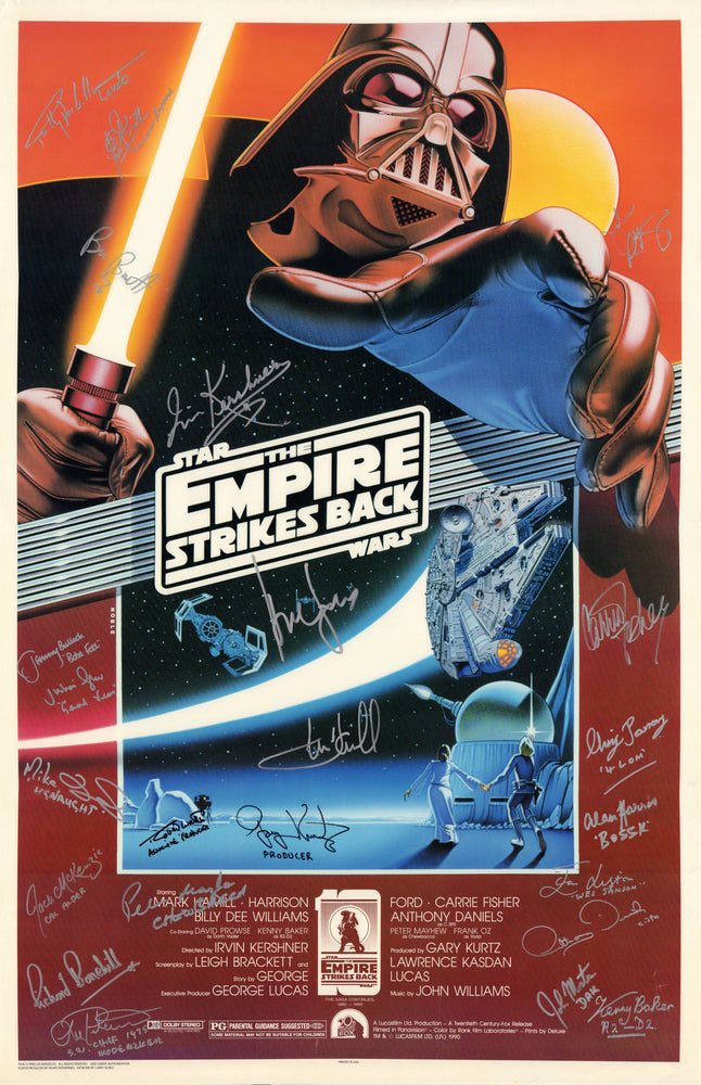 
                  
                    Star Wars: The Empire Strikes Back Poster Signed by Harrison Ford, Carrie Fisher, Mark Hamill, Irvin Kershner, Peter Mayhew, Jeremy Bulloch, Anthony Daniels, Kenny Baker, Billy Dee Williams, Gary Kurtz, & More
                  
                