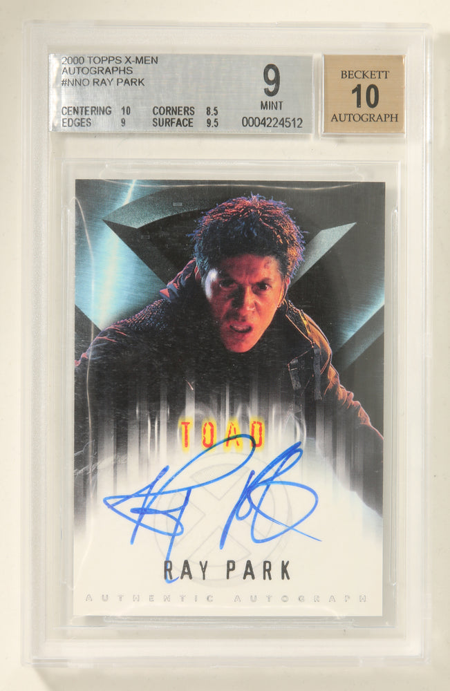 
                  
                    Ray Park as Toad in X-Men Topps Signed Trading Card (Beckett MINT 9) 2000 with Signed Topps Authenticity Release
                  
                