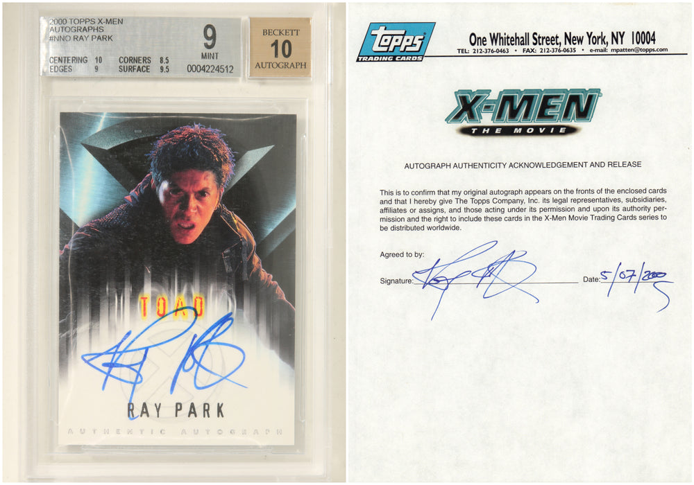 
                  
                    Ray Park as Toad in X-Men Topps Signed Trading Card (Beckett MINT 9) 2000 with Signed Topps Authenticity Release
                  
                