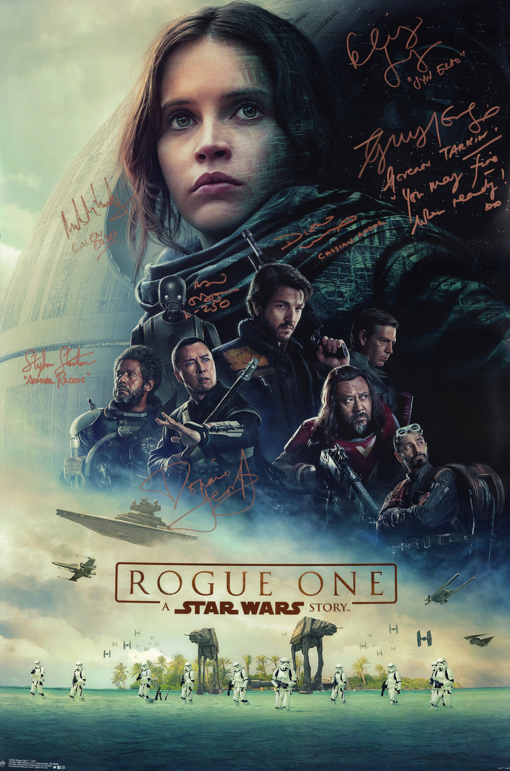 Rogue One: A Star Wars Story 22x34 Poster Signed by Felicity Jones, Diego Luna, Donnie Yen, Mads Mikkelsen, Alan Tudyk, Guy Henry, & Stephen Stanton with Character Names
