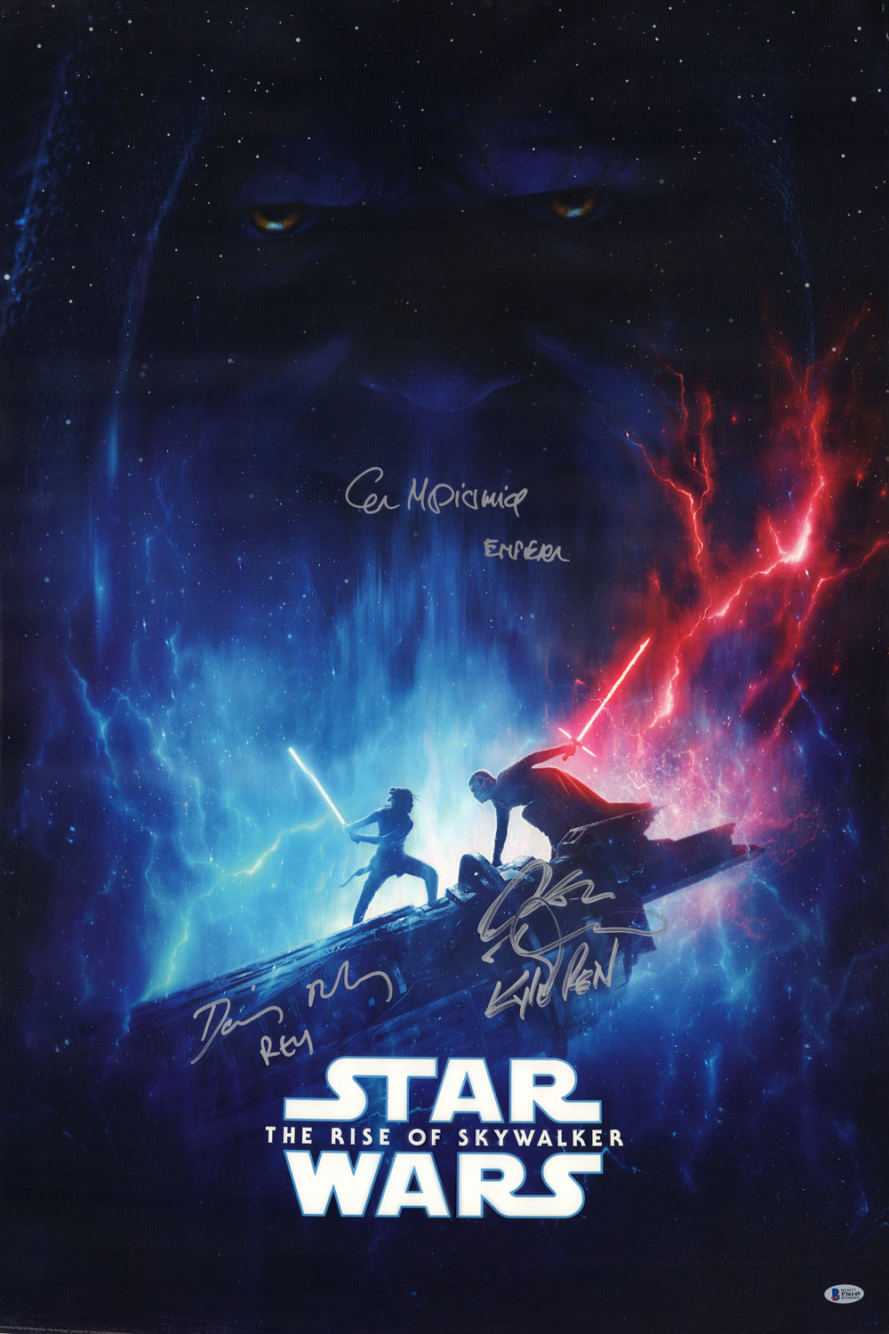 Daisy Ridley as Rey, Adam Driver as Kylo Ren, & Ian McDiarmid as The Emperor in Star Wars: The Rise of Skywalker (Beckett Witnessed) Signed 24x36 Poster