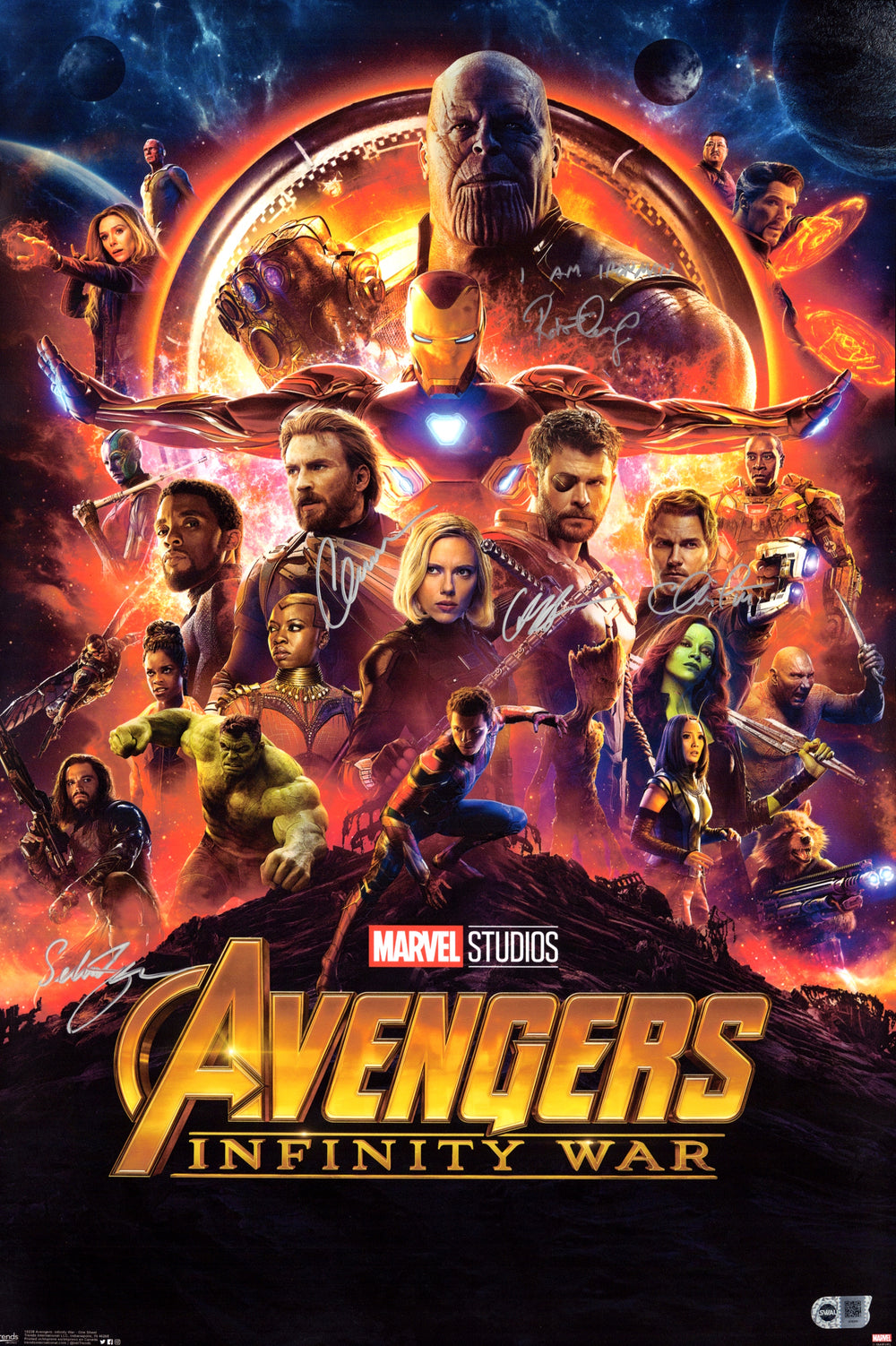 Avengers: Infinity War Poster (SWAU) Signed by Chris Evans, Sebastian Stan, Chris Pratt, Chris Hemsworth, & Robert Downey Jr. with Quote