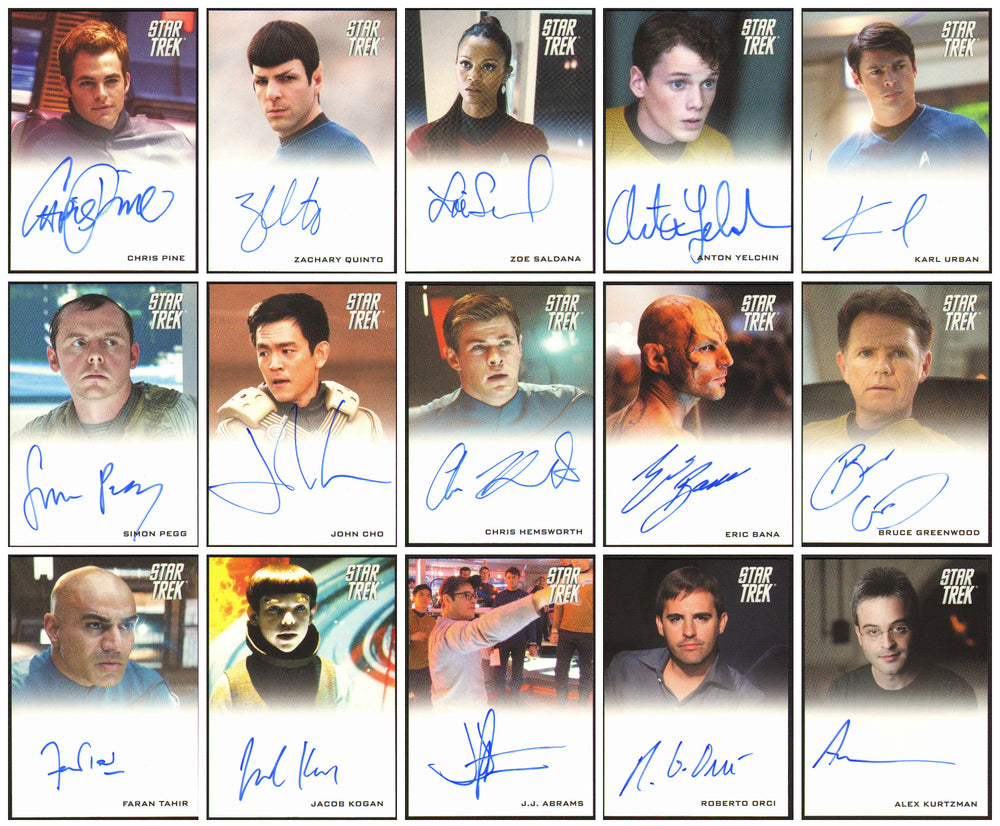 Star Trek [2009] Rittenhouse Trading Cards 131pc LOT with 15 Cards Signed by Chris Pine, Zachary Quinto, Simon Pegg, Zoe Saldaña, Karl Urban, John Cho, Eric Bana, Chris Hemsworth, J. J. Abrams, Roberto Orci, & Anton Yelchin