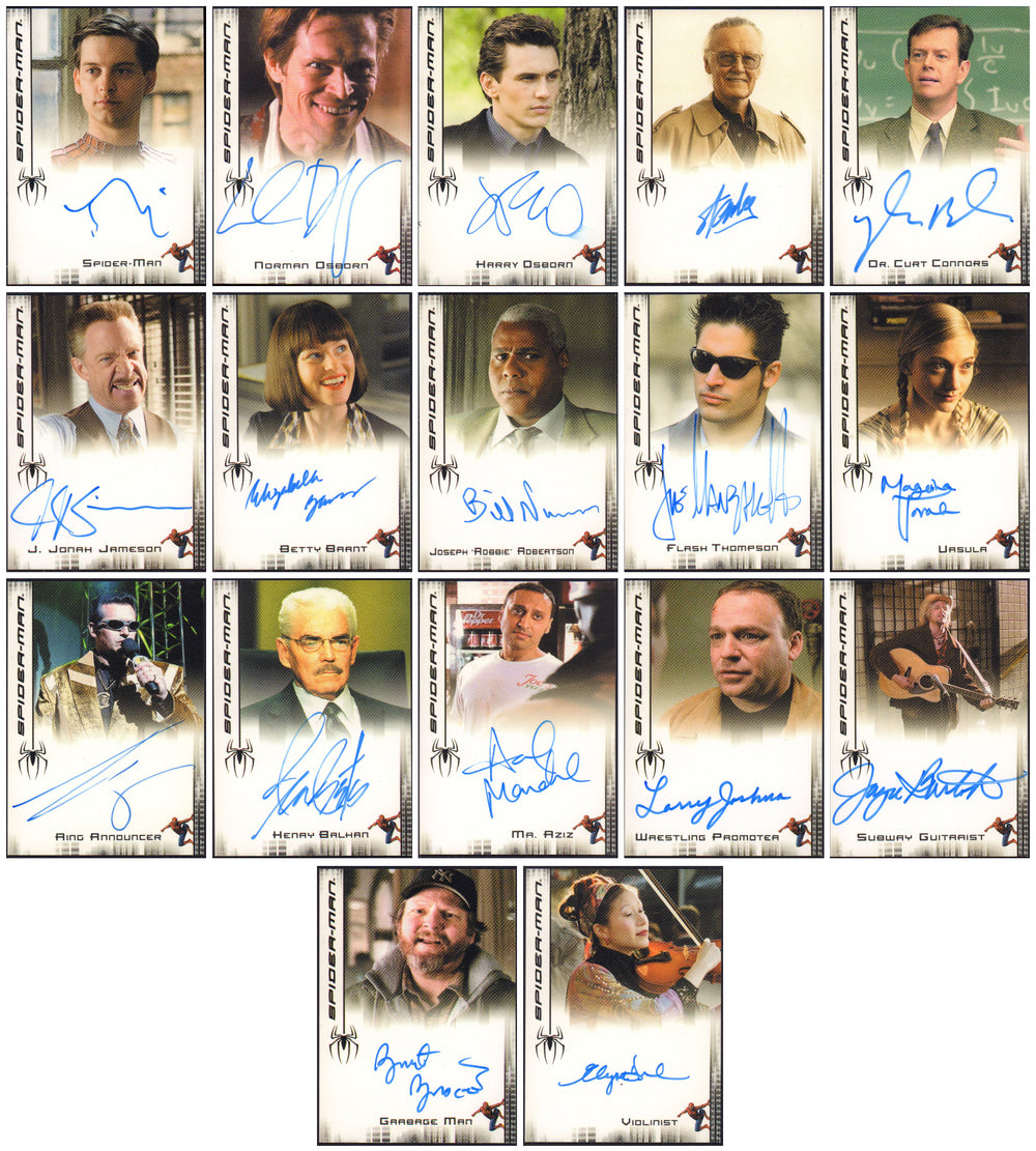 Spider-Man Triology Upper Deck Trading Cards 17pc LOT Signed by Tobey Maguire, Willem Dafoe, James Franco, J. K. Simmons, Joe Manganiello, Bill Nunn, Ted Raimi, Elizabeth Banks, Mageina Tovah, Bruce Campbell, Stan Lee, & More