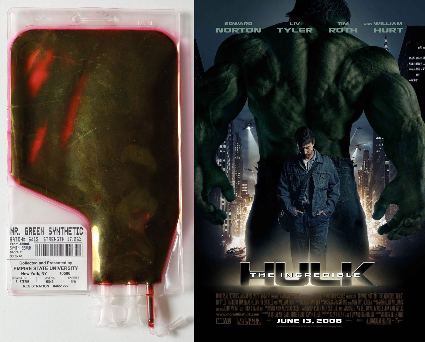 
                  
                    The Incredible Hulk Production Used "Mr. Green" Blood Bag of Dr. Samuel Sterns - 2008
                  
                