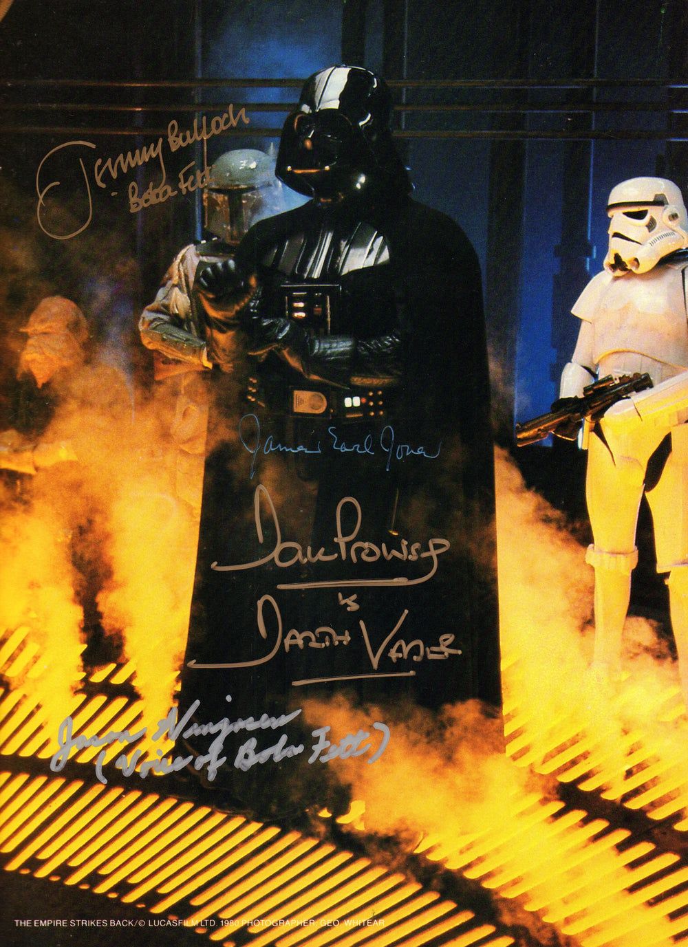 James Earl Jones & Dave Prowse as Darth Vader with Jeremy Bulloch & Jason Wingreen as Boba Fett in Star Wars: The Empire Strikes Back Signed 8x10 Photo