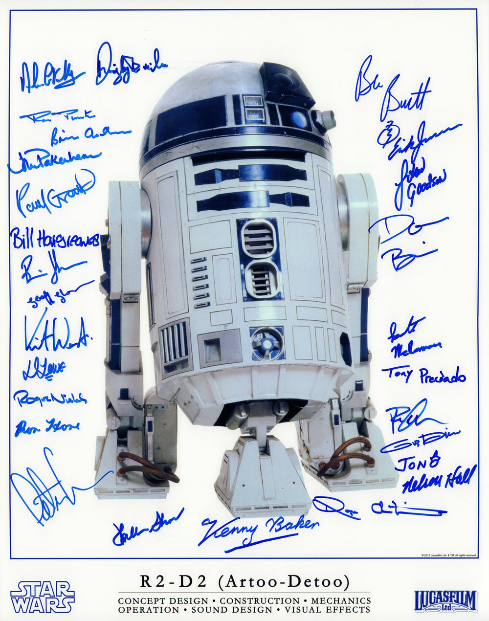 R2-D2 16x20 Photo Signed by 27 BTS Creators including Brian Archer, Kenny Baker, Don Bies, Ben Burtt, Roger Christian, Gus Dizon, Preston Donovan, Jon Farmer, Geoff Glover, Nelson Hall, Bill Hargreaves, & More