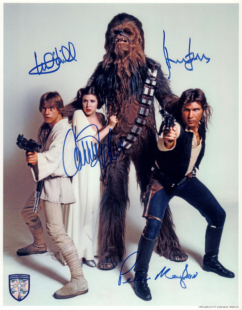 
                  
                    Harrison Ford, Carrie Fisher, Mark Hamill, & Peter Mayhew in Star Wars: A New Hope Signed 11x14 (Official Pix) Iconic Rolling Stone Group Photo
                  
                