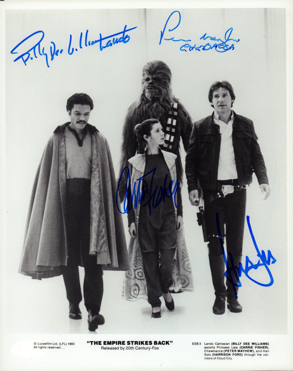 Harrison Ford, Carrie Fisher, Billy Dee Williams, & Peter Mayhew in Star Wars: The Empire Strikes Back (Beckett Witnessed) Signed 8x10 Press Photo