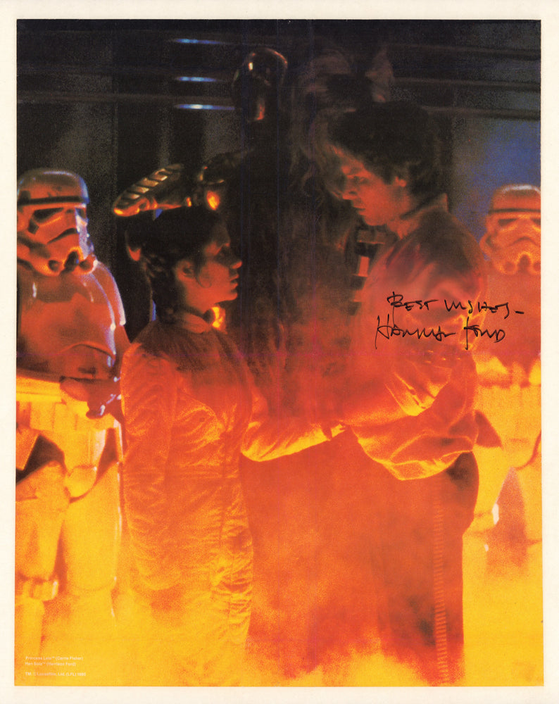 
                  
                    Harrison Ford as Han Solo & Carrie Fisher as Princess Leia in Star Wars: The Empire Strikes Back Signed Posters 2pc Set with Vintage Full Signature & Quote
                  
                