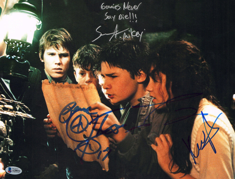 The Goonies 11x14 Photo (Beckett) Cast Signed By Sean Astin, Corey Feldman, Josh Brolin, & Kerri Green with Character Names & Quote