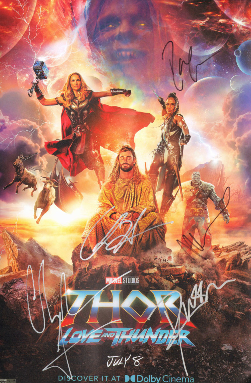Thor: Love & Thunder 12x18 Mini Poster Cast Signed by Chris Hemsworth, Christian Bale, Russell Crowe, Idris Elba, & Director: Taika Waititi