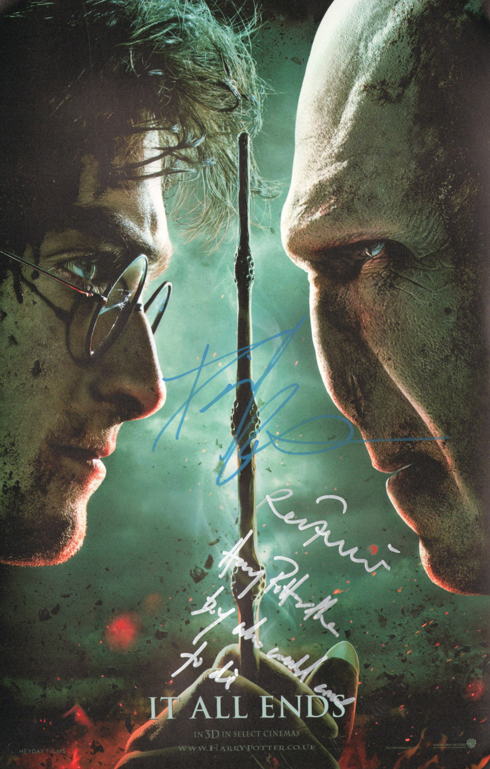 Daniel Radcliffe as Harry Potter & Ralph Fiennes as Lord Voldemort in Harry Potter & The Deathly Hallows Part 2 Signed 12x18 Mini Poster with Quote