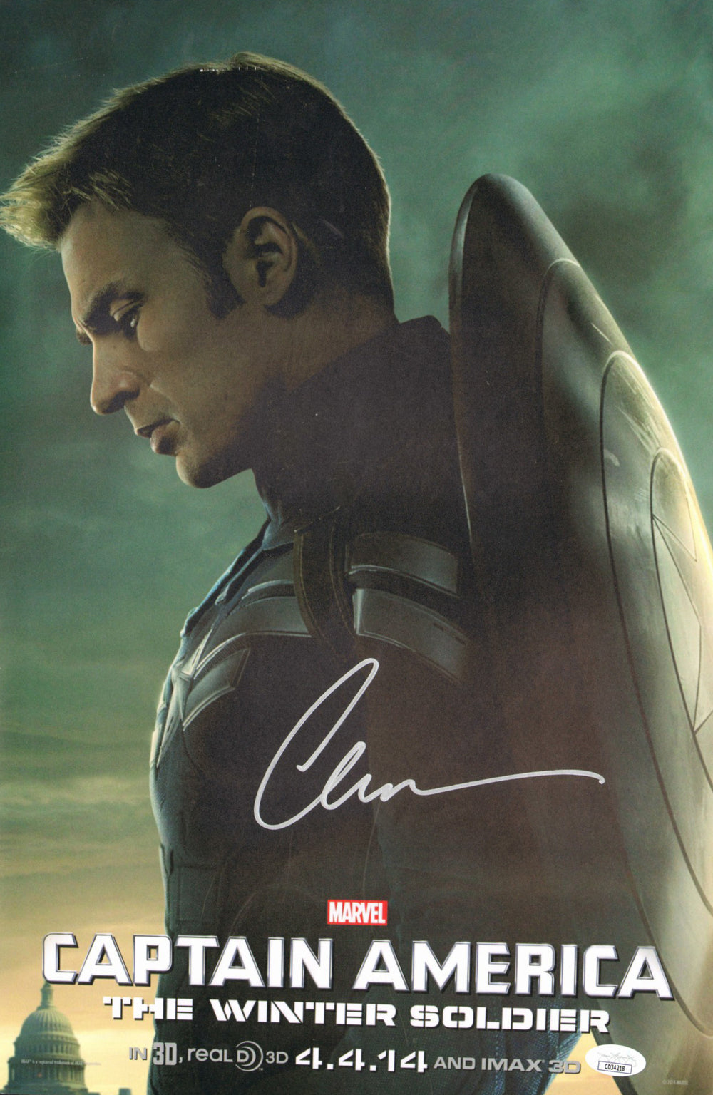 Chris Evans as Captain America in Captain America: The Winter Soldier (JSA) Signed 12x18 Mini Poster