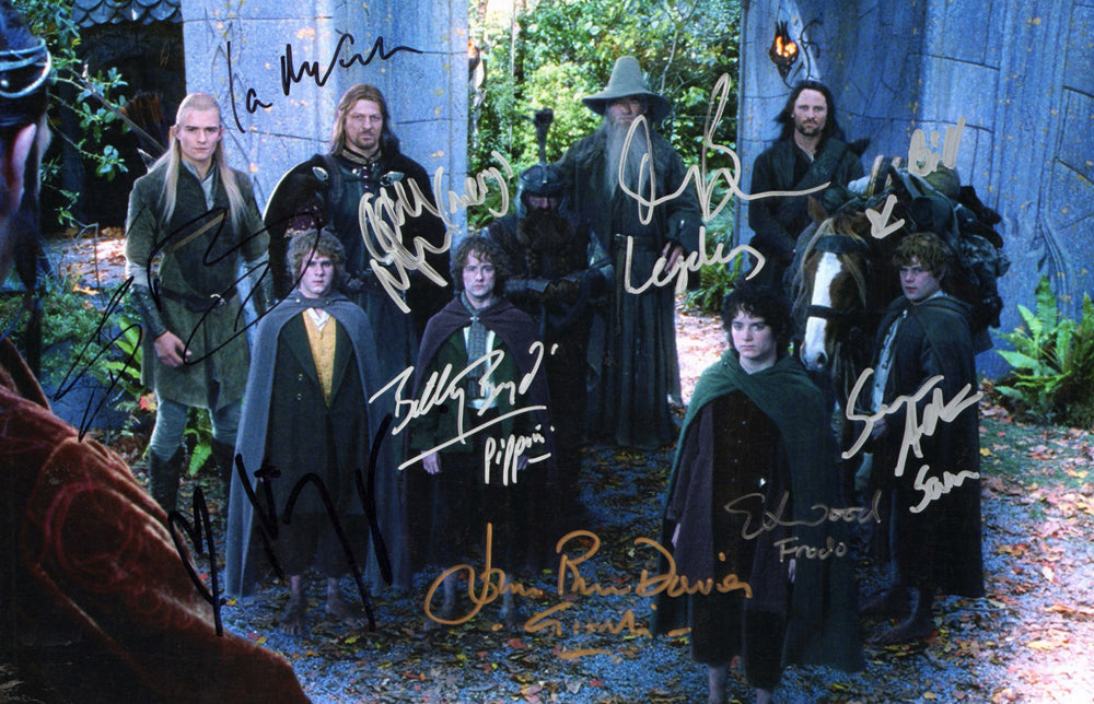 The Lord of the Rings: The Fellowship of the Ring 10x15 Photo Cast Signed by Viggo Mortensen, Ian McKellen, Orlando Bloom, John Rhys-Davies, Sean Bean, Elijah Wood, Sean Astin, Dominic Monaghan, & Billy Boyd