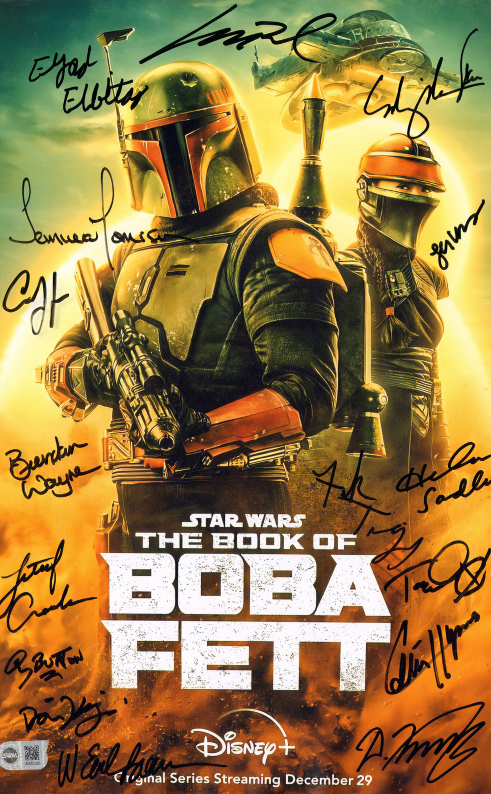 Star Wars: The Book of Boba Fett (SWAU) 11x17 Mini Poster Cast Signed by Temuera Morrison, Ming-Na Wen, Brendan Wayne, Lateef Crowder, Collin Hymes, Corey Burton, Tait Fletcher, Dmitriy Karas, Matt Wood, W. Earl Brown, & Others