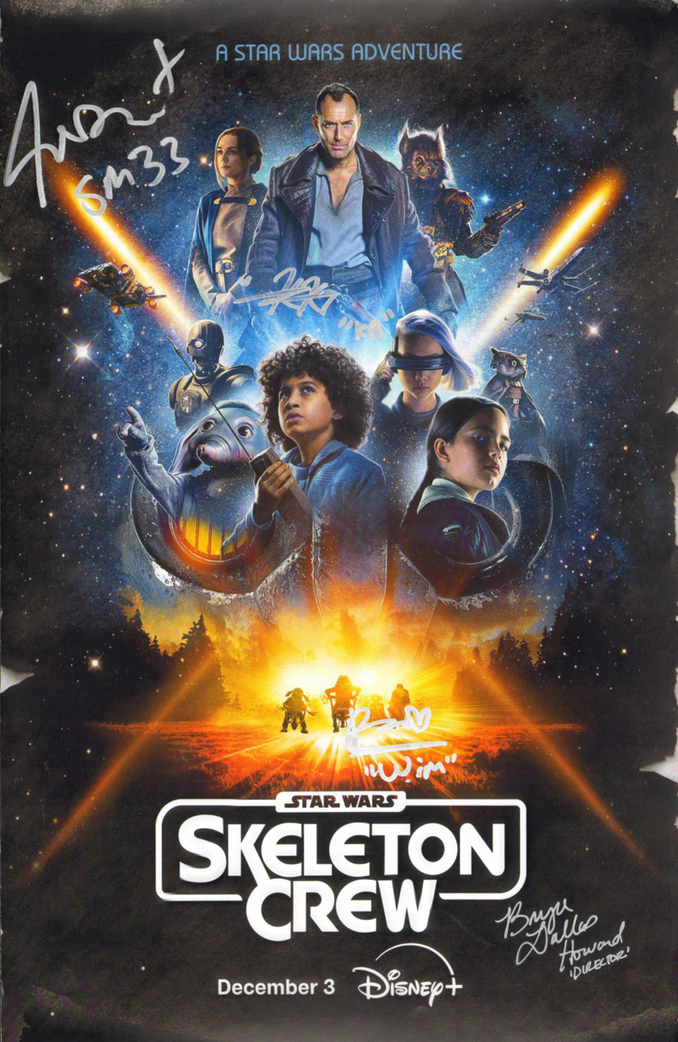 Star Wars: Skeleton Crew (Official Pix/JSA) 11x17 Mini Poster Cast Signed by Bryce Dallas Howard, Kyriana Kratter, Nick Frost, & Ravi Cabot-Conyers with Character Names