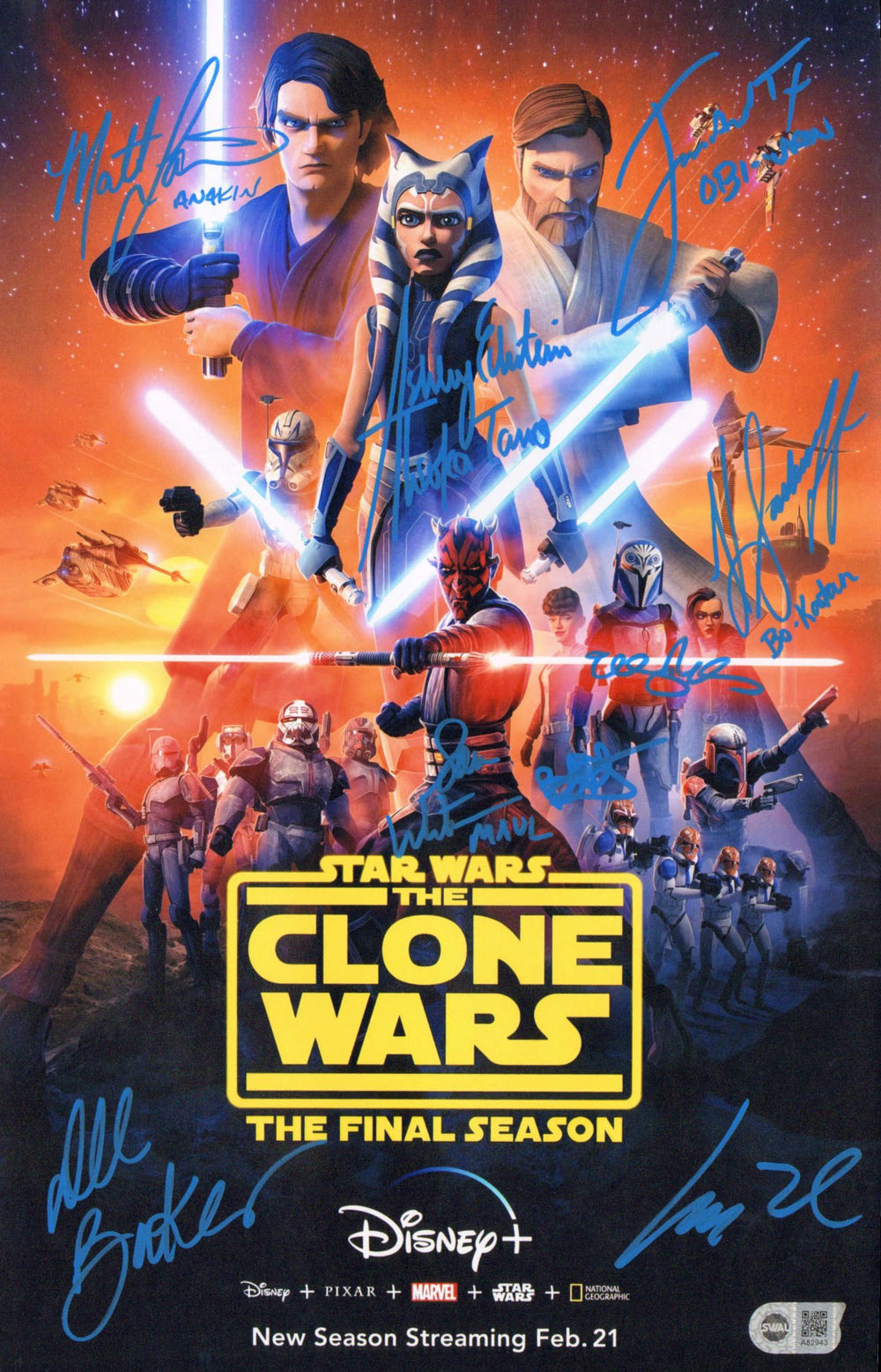 Star Wars: The Clone Wars (SWAU) 11x17 Mini Poster Cast Signed by Ashley Eckstein, James Arnold Taylor, Matt Lanter, Katee Sackhoff, Brigitte Kali, Dee Baker, Elizabeth Rodriguez, Matt Wood, & Sam Witwer with Character Names