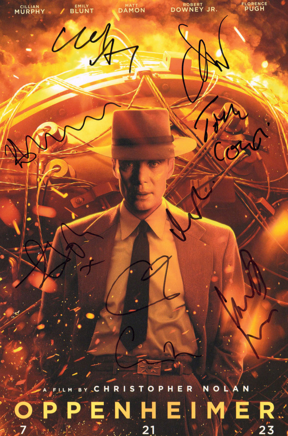 Oppenheimer 12x18 Mini Poster (SWAU) Cast Signed by Cillian Murphy, Florence Pugh, Emily Blunt, Matt Damon, Kenneth Brannah, Tom Konti, Charles Roven, Emma Thomas, & Christopher Nolan