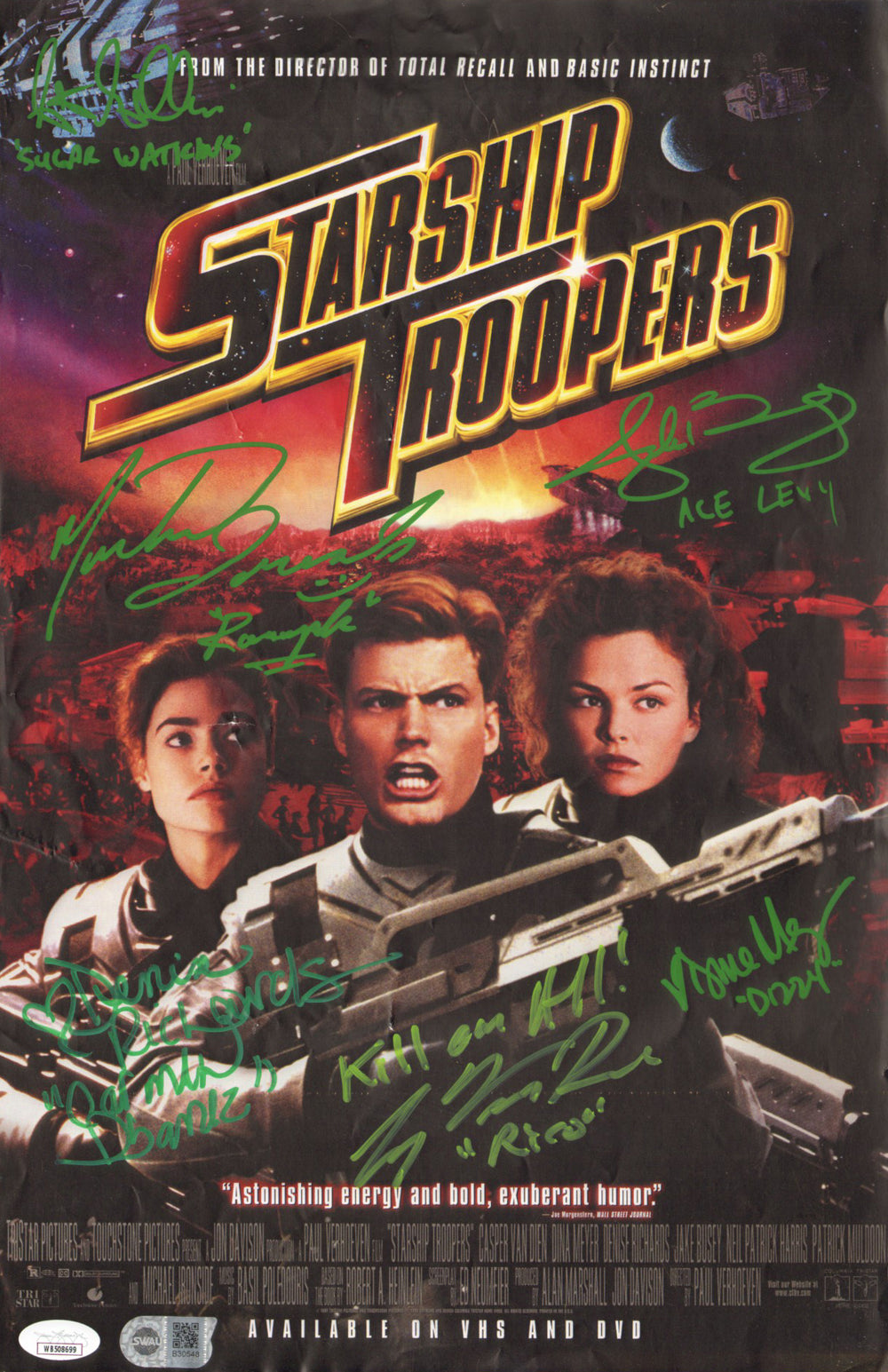 Starship Troopers (JSA/SWAU) 11x17 Mini Poster Cast Signed by Casper Van Dien, Dina Meyer, Denise Richards, Jake Busey, Michael Ironside, & Seth Gilliam with Character Names