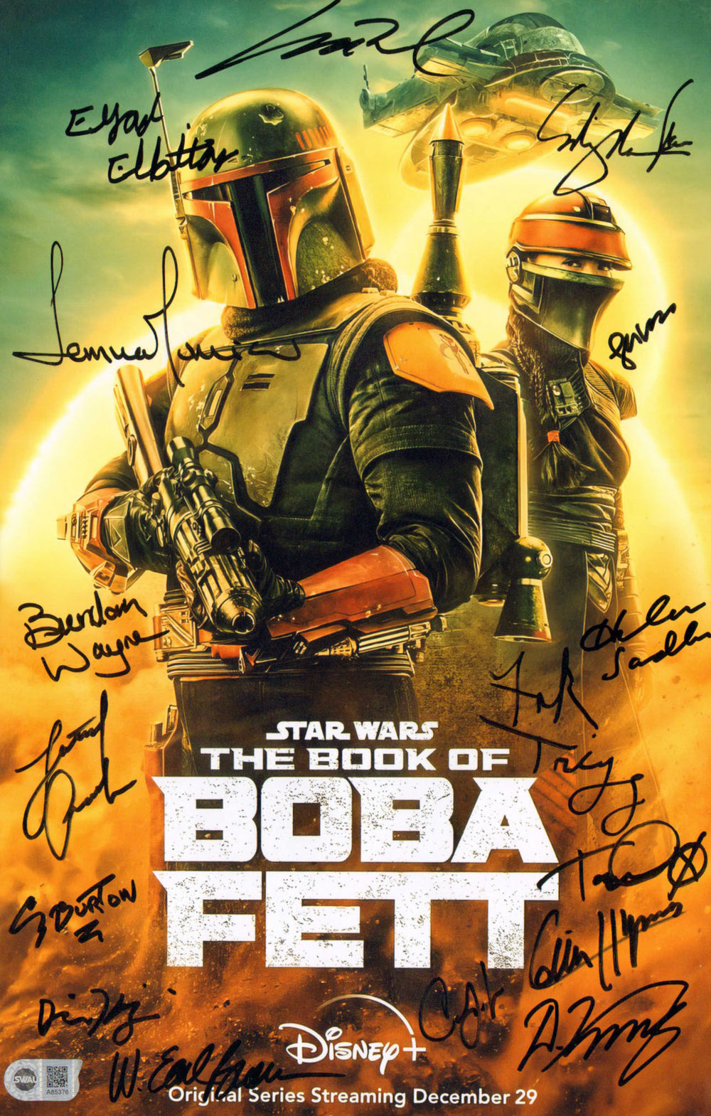 Star Wars: The Book of Boba Fett (SWAU) 11x17 Mini Poster Cast Signed by Temuera Morrison, Ming-Na Wen, Brendan Wayne, Lateef Crowder, Collin Hymes, Corey Burton, Tait Fletcher, Dmitriy Karas, Matt Wood, W. Earl Brown, & Others