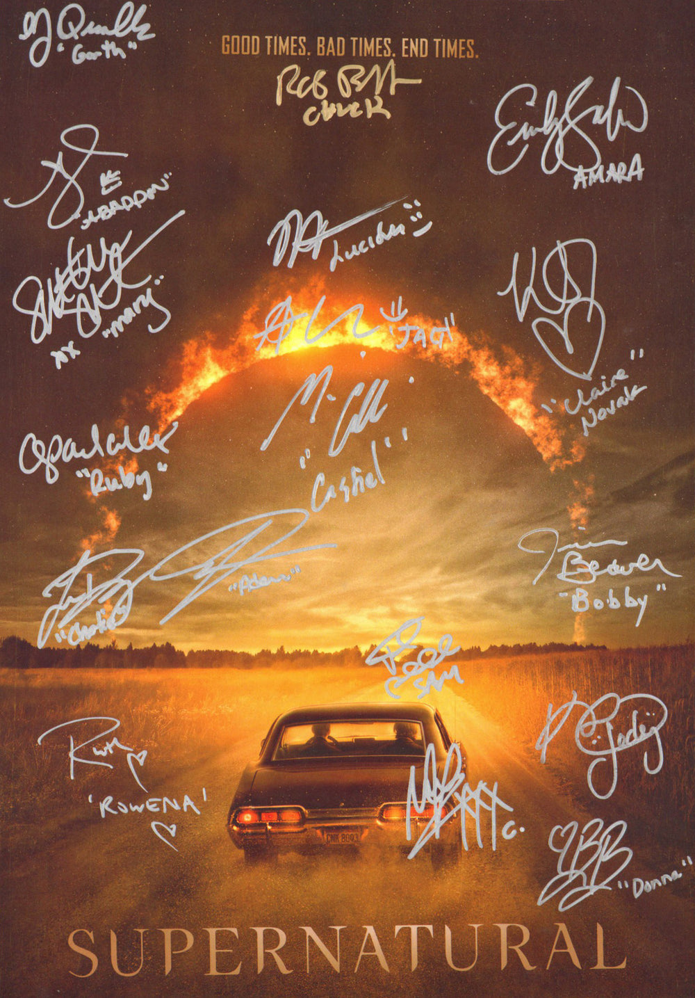 Supernatural 12x16.5 Mini Poster Cast Signed with Character Names by DJ Qualls, Alaina Huffman, Samantha Smith, Genevieve Padalecki, Felecia Day, Ruth Connell, Jake Abel, Msha Collins, Alexander Calvert, Jared Padalecki, Mark Sheppard, & More