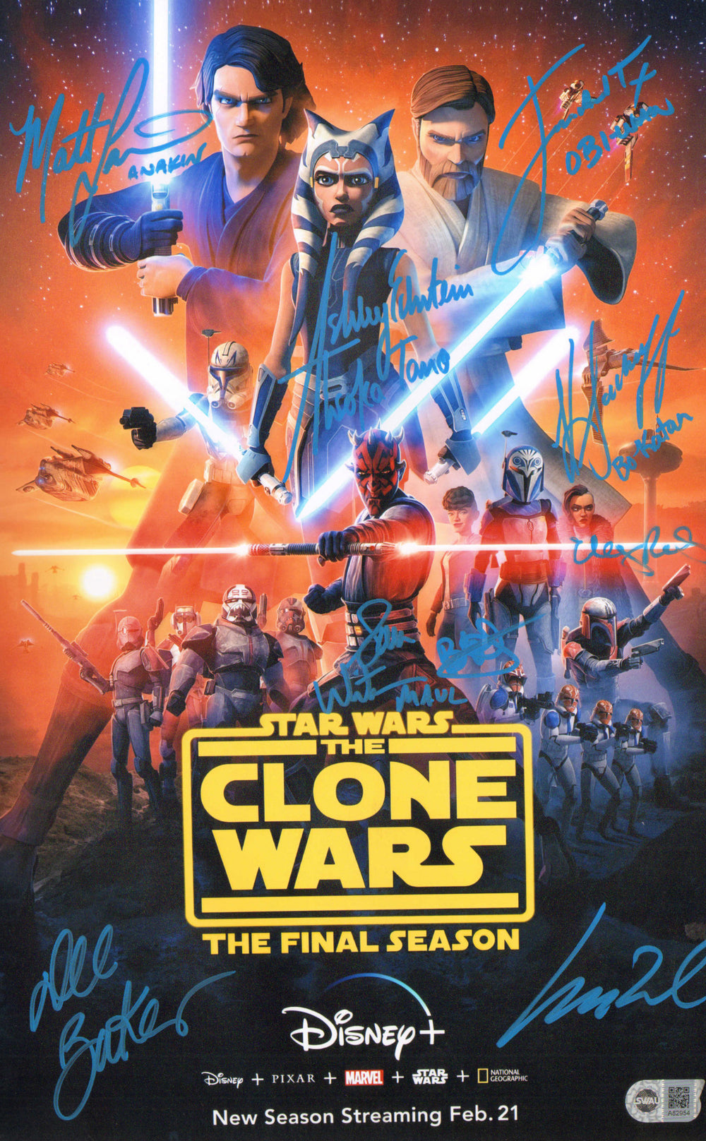 Star Wars: The Clone Wars (SWAU) 11x17 Mini Poster Cast Signed by Ashley Eckstein, James Arnold Taylor, Matt Lanter, Katee Sackhoff, Brigitte Kali, Dee Baker, Elizabeth Rodriguez, Matt Wood, & Sam Witwer with Character Names