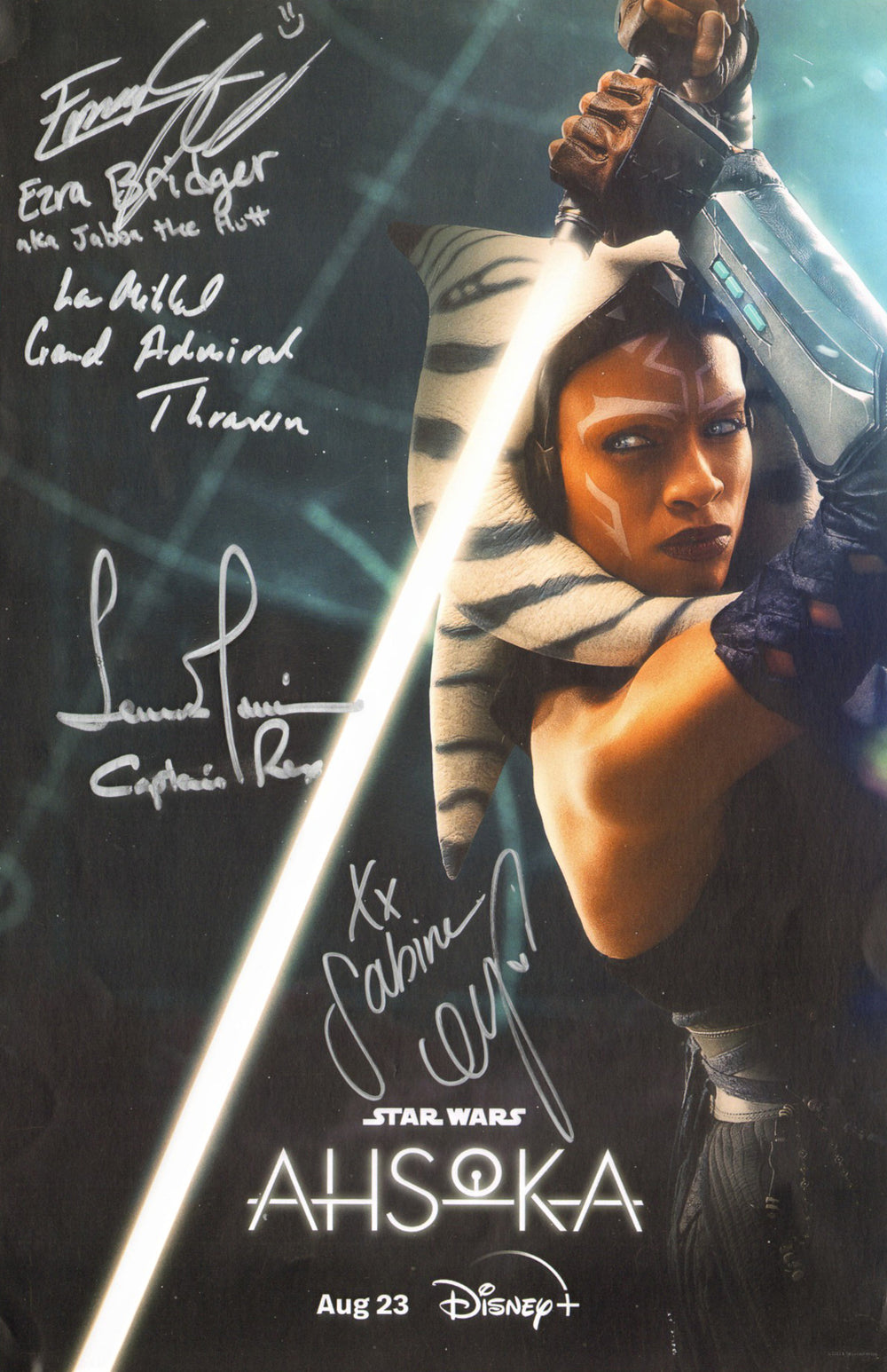 Star Wars: Ahsoka (SWAU) 11x17 Mini Poster Cast Signed by Eman Esfandi, Temuera Morrison, Natasha Liu Bordizzo, & Lars Mikkelson with Character Names