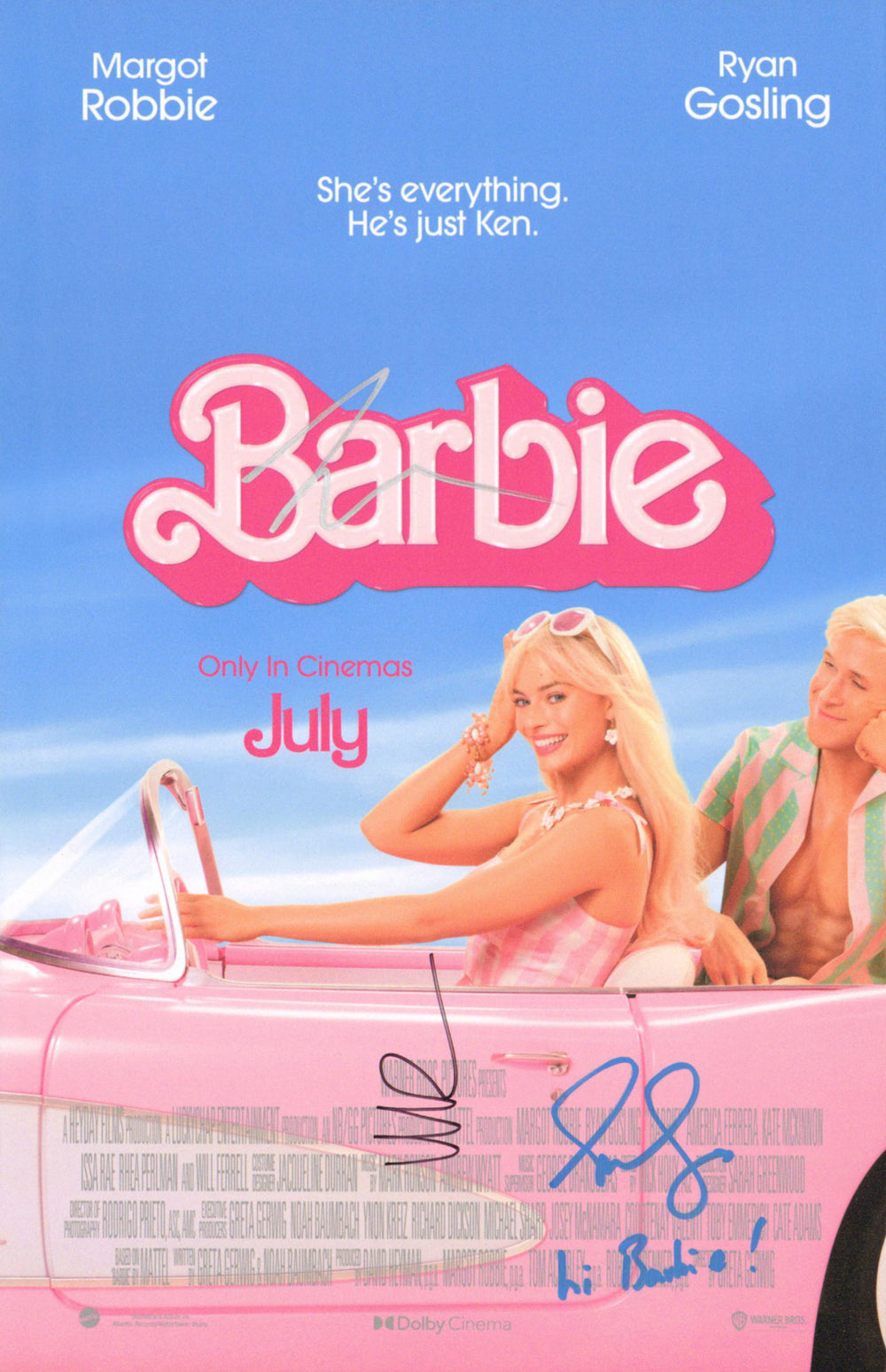 Margot Robbie as Barbie & Ryan Gosling as Ken with Greta Gerwig Director of Barbie: The Movie Signed 11x17 Mini Poster with Character Quote