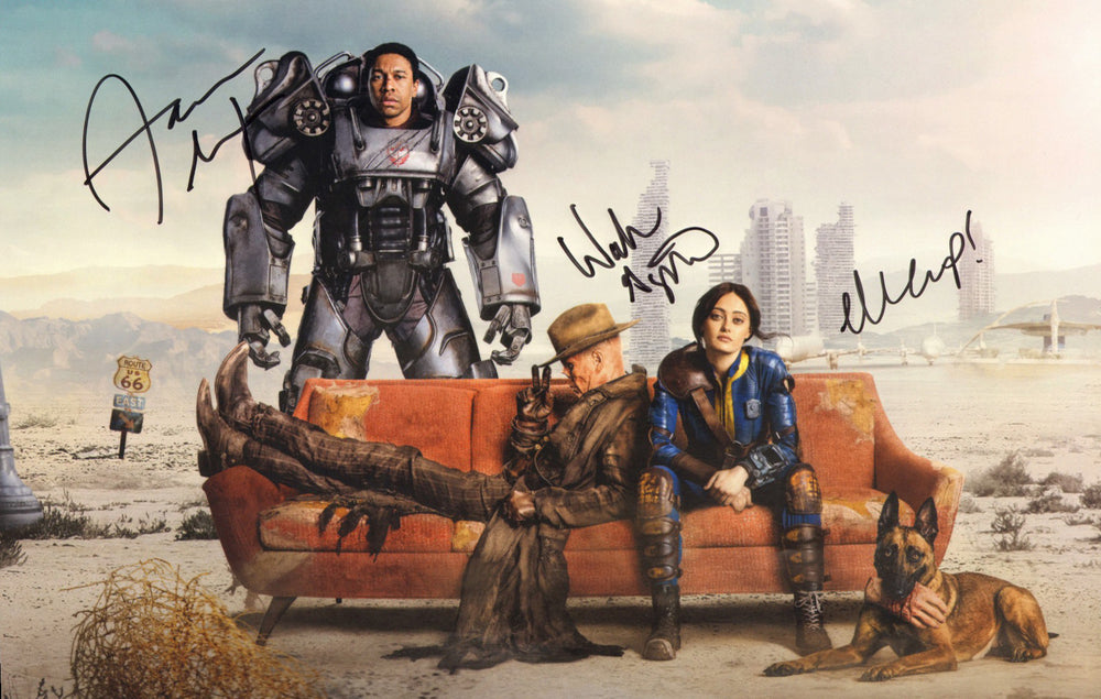 Ella Purnell as Lucy MacLean, Walton Goggins as The Ghoul, & Aaron Moten as Maximus in Fallout (JSA) Signed 11x17 Photo