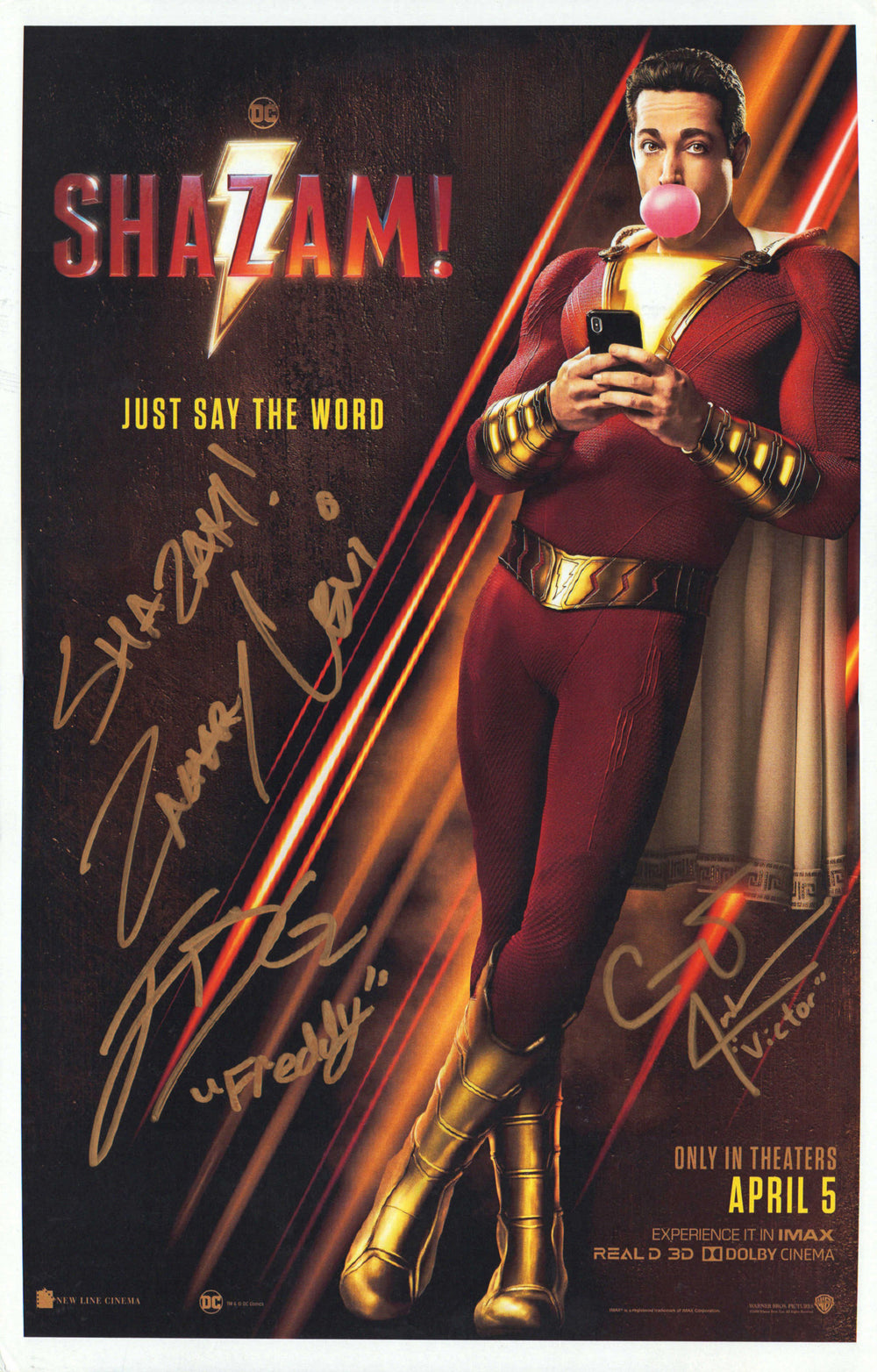 Shazam 11x17 Mini Poster Signed by Zachary Levi, Zach Dylan Grazer, and Cooper Andrews