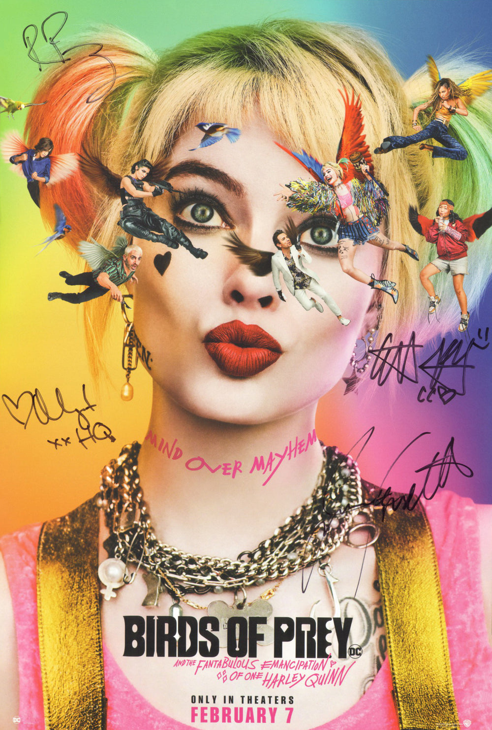Birds of Prey (ACOA) 13.5x20 Mini Poster Cast Signed by Margot Robbie, Ella Jay Basco, Jurnee Smollet, & Rosie Perez